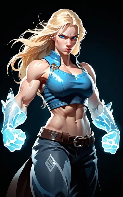 Prompt: Female figure. Greater bicep definition. Sharper, clearer blue eyes. Long Blonde hair flapping. Frostier, glacier effects. Fierce combat stance. Icy Knuckles. Raging Fists.