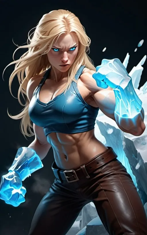 Prompt: Female figure. Greater bicep definition. Sharper, clearer blue eyes. Nosebleed. Long Blonde hair flapping. Frostier, glacier effects. Fierce combat stance. Raging Fists. Icy Knuckles.