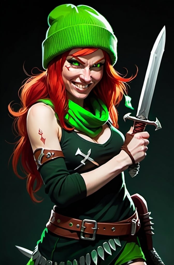 Prompt: Evil red-haired warrior woman, wearing a green beanie and a mischievous smirk. Carries daggers. 