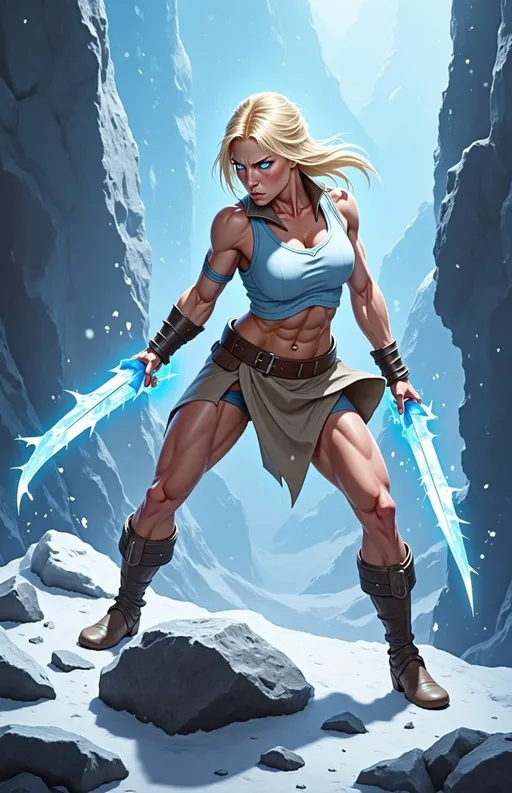 Prompt: @lbK8EQWu1r8WEqH2g1L6 A muscular female warrior wielding a sword made of shimmering ice, standing in a dynamic combat stance. She is positioned in a rugged, icy landscape with jagged glaciers and snow-covered rocks. Her intense gaze is focused forward, with her body twisted slightly as if ready to strike. Her armor is sleek and functional, with frost accents that glisten in the cold light. Bright, cold illumination from the icy sword casts a bluish glow on her skin and surroundings. Snowflakes swirl around her, and a faint mist rises from the icy ground, emphasizing the frigid environment. The scene is captured from a slightly low angle, highlighting her powerful stance and the sharp edges of her icy weapon, with dramatic lighting that enhances the tension and motion.