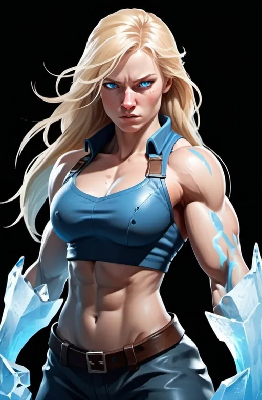 Prompt: Female figure. Greater bicep definition. Sharper, clearer blue eyes. Nosebleed. Long Blonde hair flapping. Frostier, glacier effects. Fierce combat stance. Icy Knuckles. 