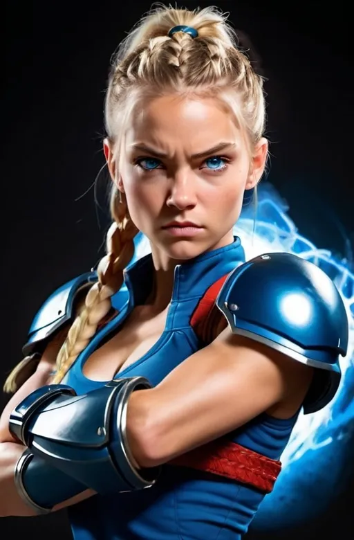 Prompt: Young Female figure. Greater bicep definition. Dark Blue eyes. Blonde braided ponytail. Fierce combat stance. Raging Gravity-powered Gauntlets. 