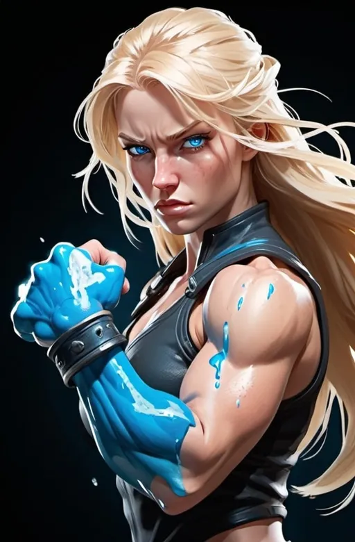 Prompt: Female figure. Greater bicep definition. Sharper, clearer blue eyes. Bleeding. Long Blonde hair flapping. Frostier, glacier effects. Fierce combat stance. Icy Knuckles.