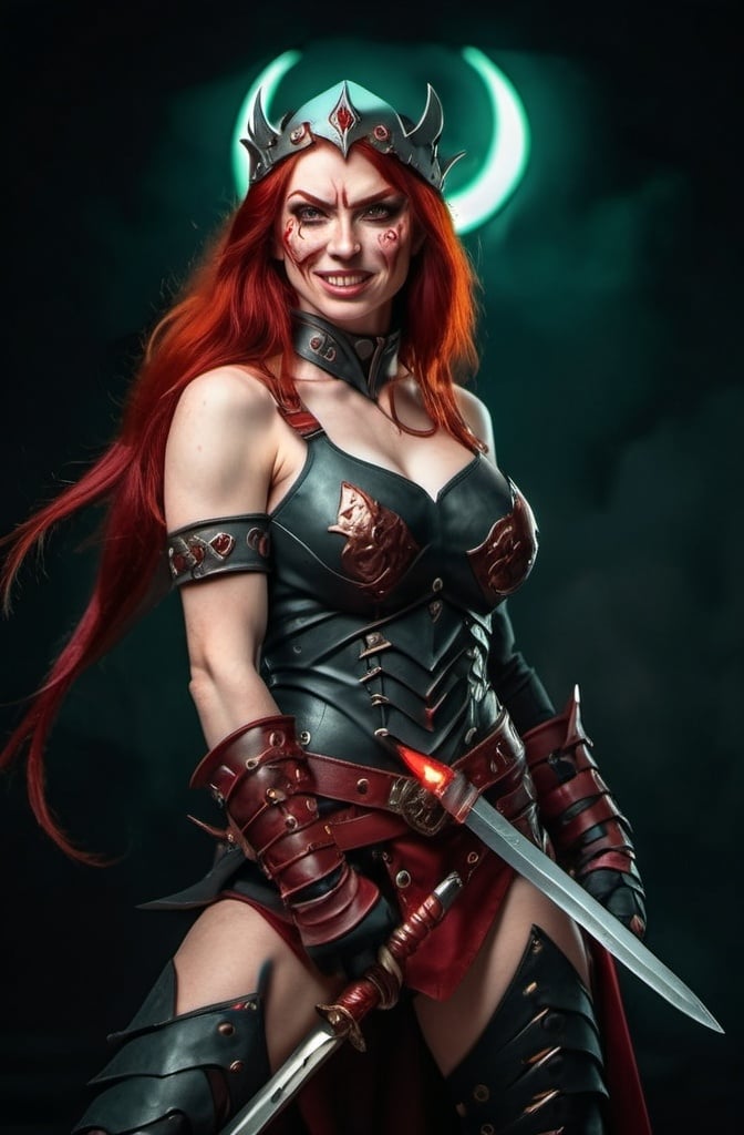 Prompt: Evil red-haired warrior woman with a mischievous grin. Carmine, red eyes. Fierce combat stance.