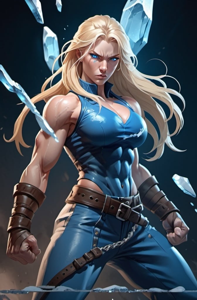 Prompt: Female figure. Greater bicep definition. Sharper, clearer blue eyes. Nosebleed. Long Blonde hair flapping. Frostier, glacier effects. Fierce combat stance. Raging Fists. Icy Knuckles. Blue outfit. 