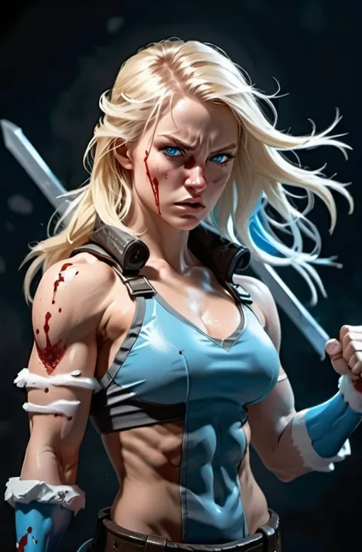 Prompt:  Female figure. Greater bicep definition. Sharper, clearer blue eyes. Blonde hair  flapping. Nose bleed. Frostier, glacier effects. Fierce combat stance. Raging Fists. 