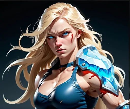 Prompt: Female figure. Greater bicep definition. Sharper, clearer blue eyes. Nosebleed. Long Blonde hair flapping. Frostier, glacier effects. Fierce combat stance. Icy Knuckles.