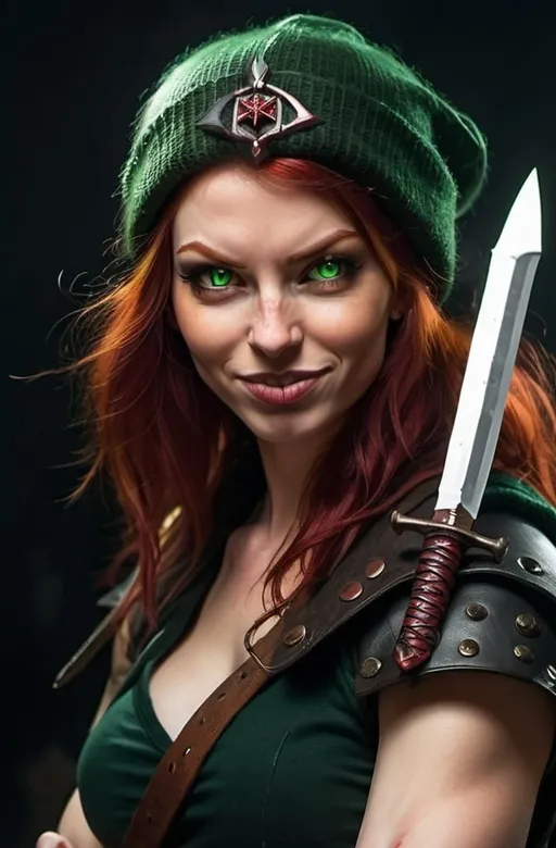 Prompt: Evil red-haired warrior woman, wearing a green beanie and a mischievous smirk. Carmine red eyes. Carries daggers. 