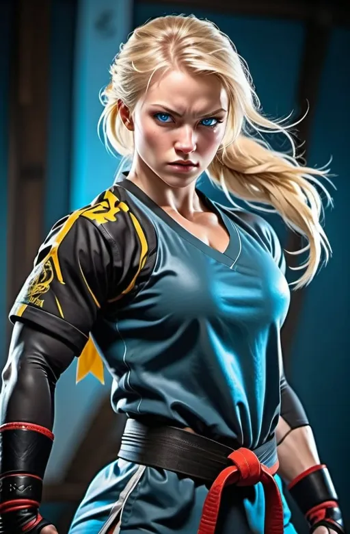 Prompt: Female figure. Greater bicep definition. Sharper, clearer blue eyes. Blonde hair flapping. Frostier, glacier effects. Fierce combat stance. Martial artist. 