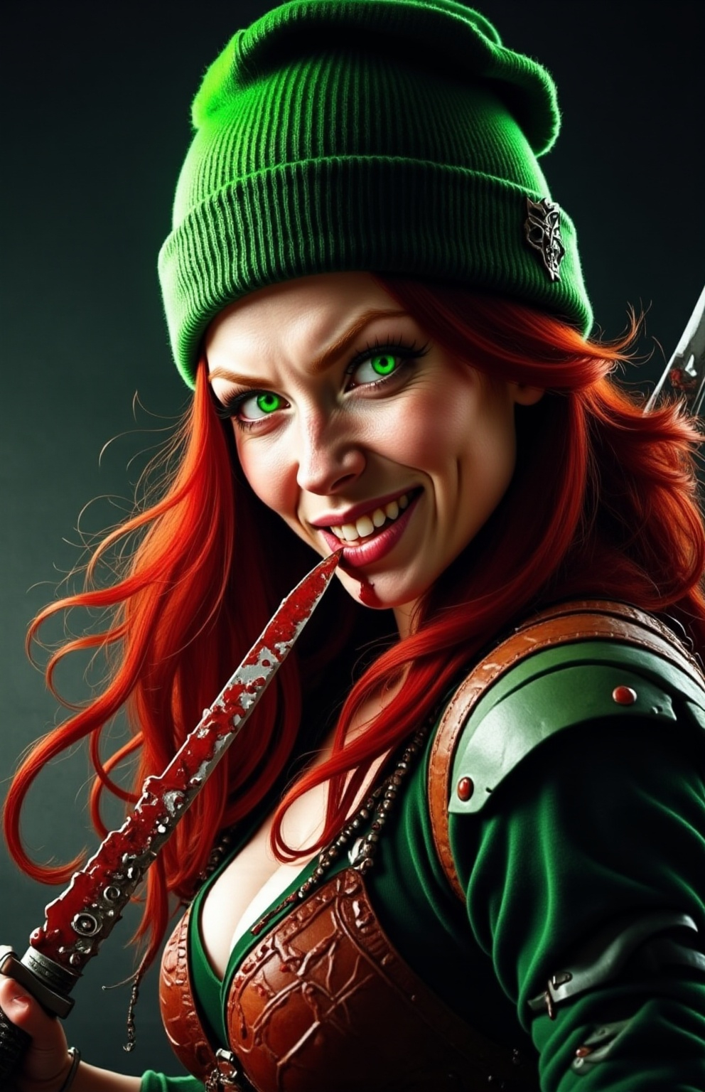 Prompt: @wbV7YKlXTFt2cBPb46HT A close-up illustration of a female warrior, embodying sadistic glee as she licks the blood off her knife. Her intense gaze reflects a dark obsession with death and torment, with a slight smirk curling her lips. The blade glistens under a flickering torchlight, casting ominous shadows across her face. The background is a dimly lit, grim battlefield strewn with remnants of chaos, enhancing the atmosphere of dread. The camera angle captures her poised stance, with the knife held close to her face, emphasizing the chilling intimacy of her act. The air is thick with tension, as if the very environment recoils from her delight in violence.