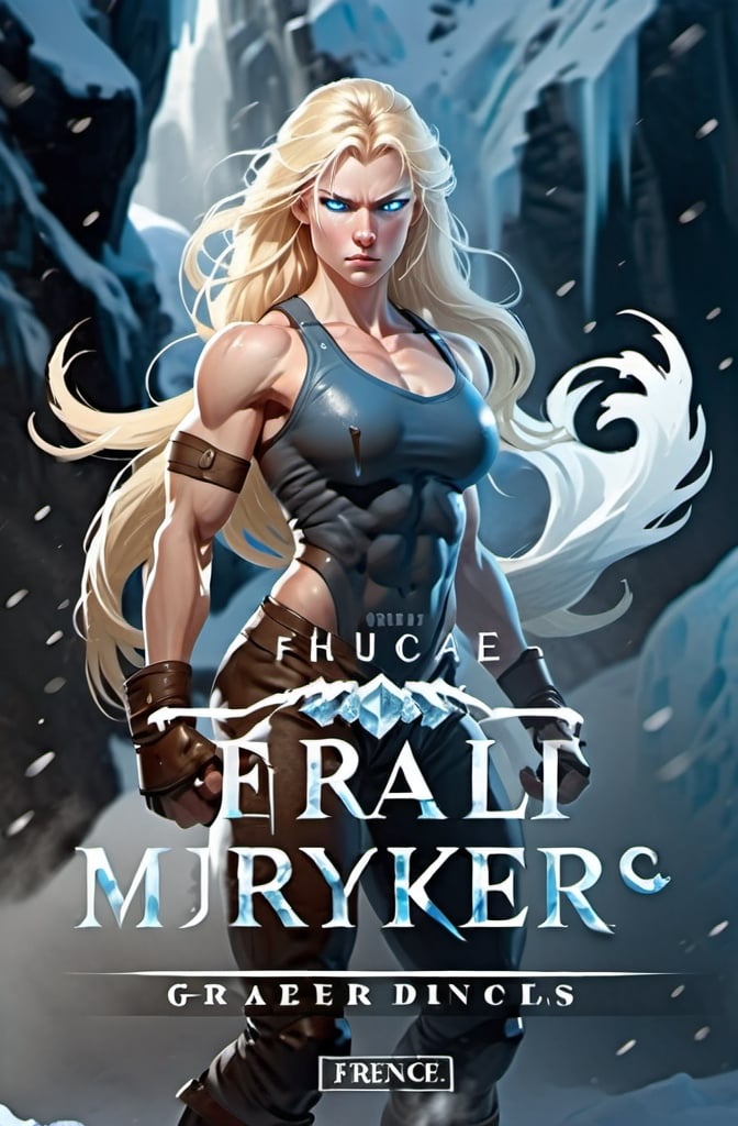 Prompt: Female figure. Greater bicep definition. Sharper, clearer blue eyes. Long Blonde hair flapping. Frostier, glacier effects. Fierce combat stance. Icy Knuckles. Surrounded by White Mist. 