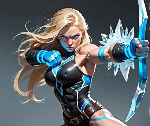 Prompt: Female figure. Greater bicep definition. Sharper, clearer blue eyes. Nosebleed. Long Blonde hair flapping. Frostier, glacier effects. Fierce combat stance. Icy Knuckles.