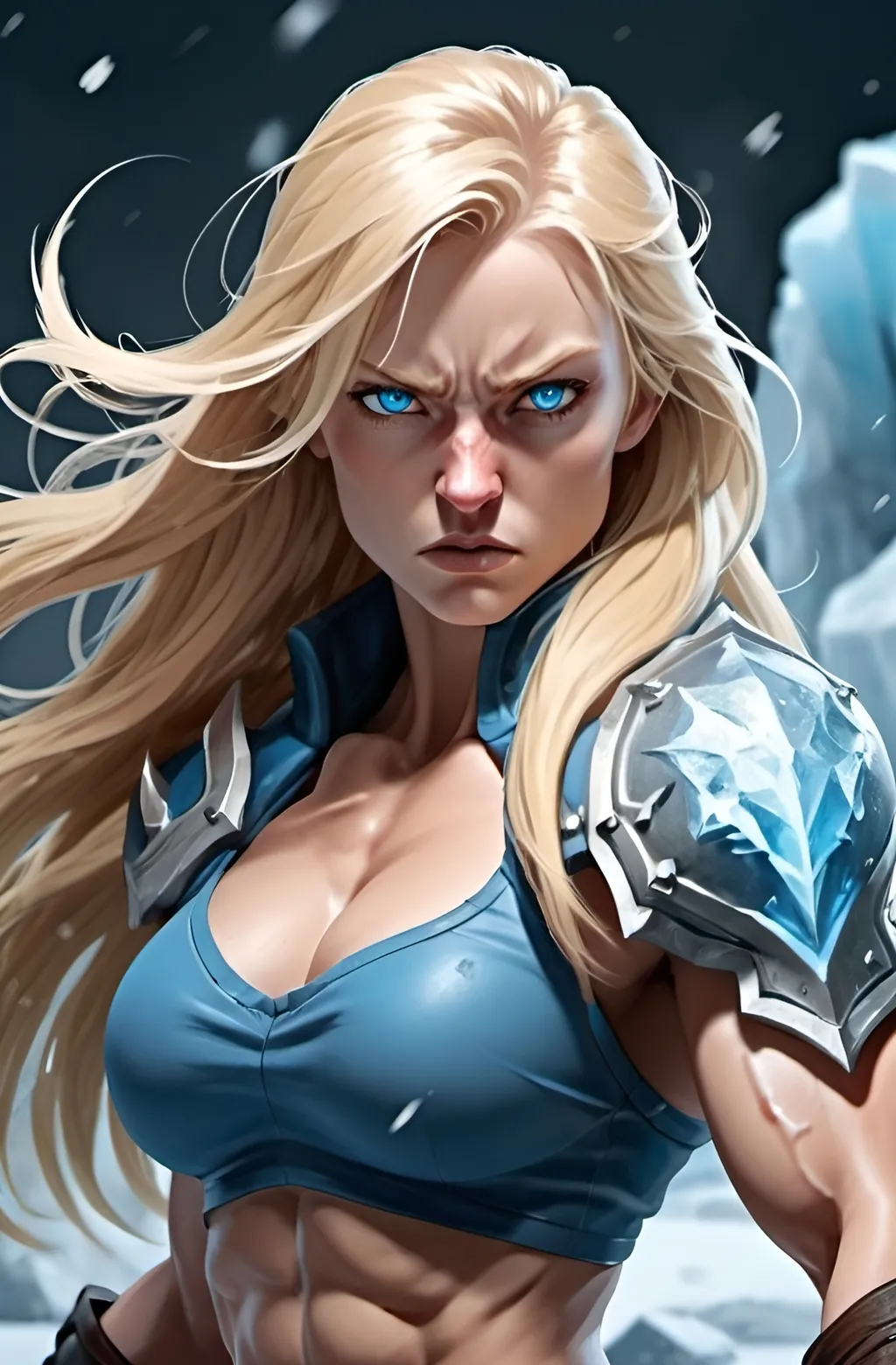 Prompt:  Female figure. Greater bicep definition. Sharper, clearer blue eyes. Nosebleed. Long Blonde hair flapping. Frostier, glacier effects. Fierce combat stance. Raging Fists. Icy Knuckles. 