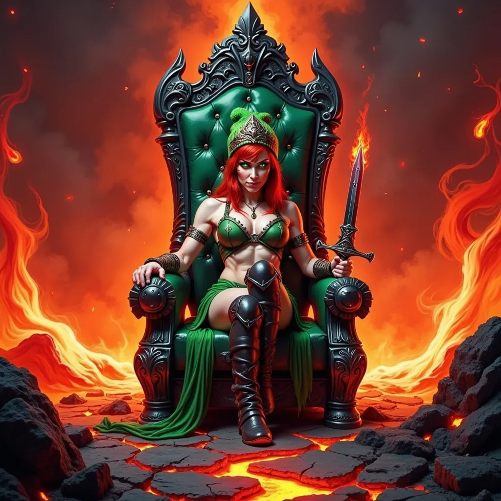 Prompt: @wbV7YKlXTFt2cBPb46HT is still on a throne, amidst a Kingdom of Lava with a crown on her head. 
