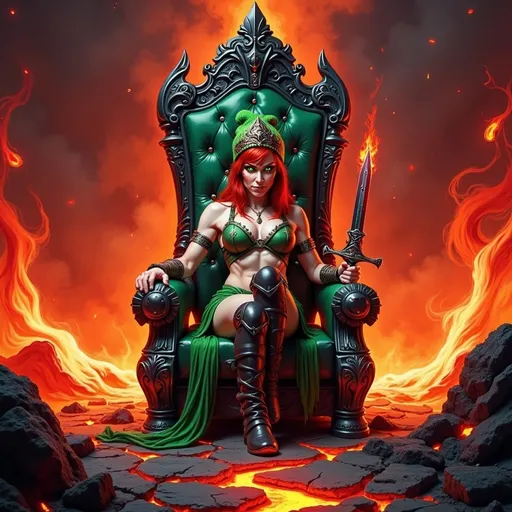 Prompt: @wbV7YKlXTFt2cBPb46HT is still on a throne, amidst a Kingdom of Lava with a crown on her head. 