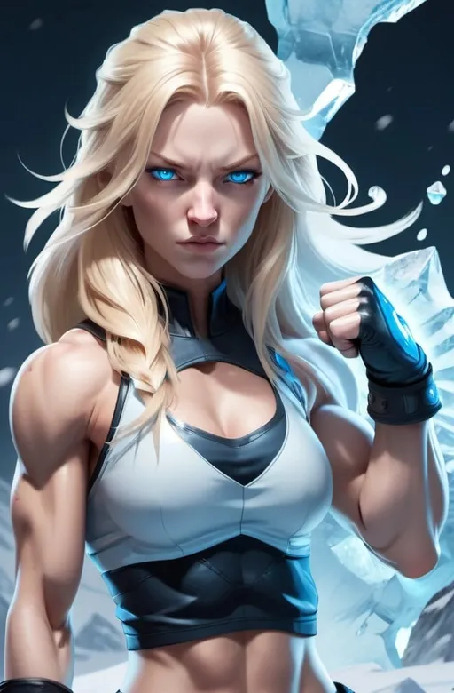 Prompt: Female figure. Greater bicep definition. Sharper, clearer blue eyes. Nosebleed. Long Blonde hair flapping. Frostier, glacier effects. Fierce combat stance. Raging Fists. Icy Knuckles.