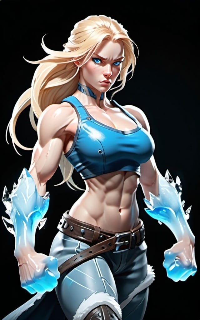 Prompt: Female figure. Greater bicep definition. Sharper, clearer blue eyes. Long Blonde hair flapping. Frostier, glacier effects. Fierce combat stance. Ice Fists.