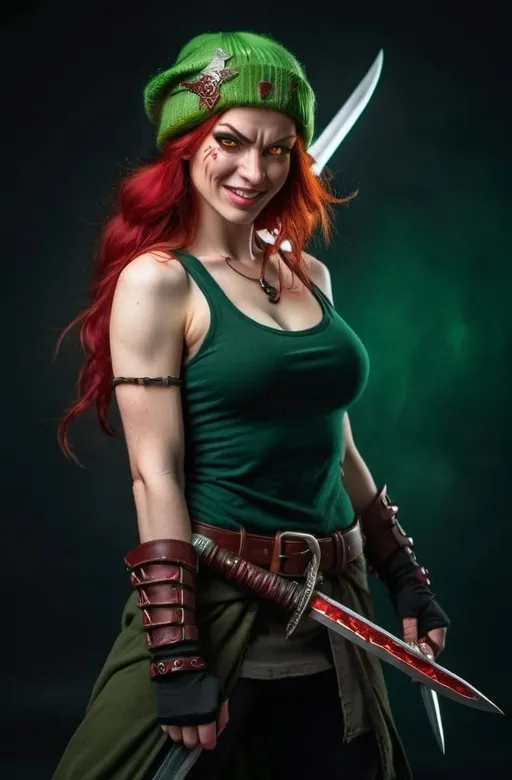 Prompt: Evil red-haired warrior woman With Carmine Red eyes, wearing a green beanie and a mischievous smirk. Carries daggers.