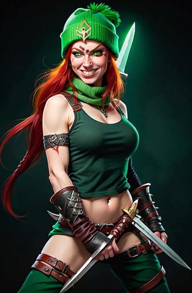 Prompt: Evil red-haired warrior woman, wearing a green beanie and a mischievous smirk. Carries daggers. 