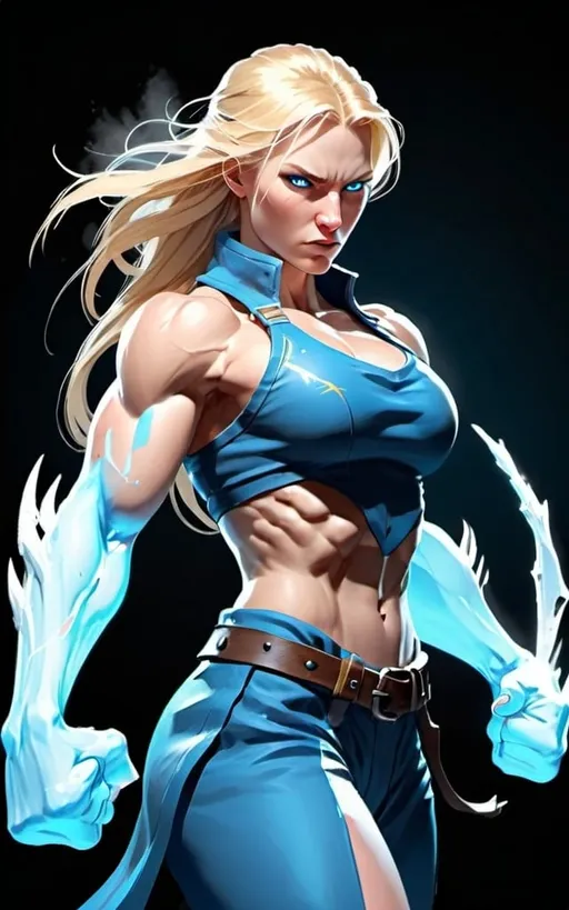 Prompt: Female figure. Greater bicep definition. Sharper, clearer blue eyes. Long Blonde hair flapping. Frostier, glacier effects. Fierce combat stance. Raging Fists.