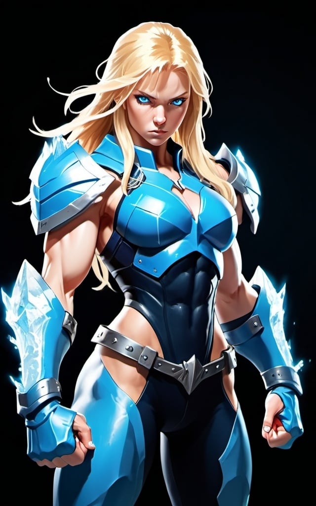 Prompt: Female figure. Greater bicep definition. Sharper, clearer blue eyes. Nosebleed. Long Blonde hair flapping. Frostier, glacier effects. Fierce combat stance. Raging Fists. Icy Knuckles. Blue armor suit.