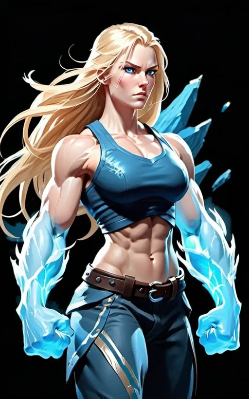 Prompt: Female figure. Greater bicep definition. Sharper, clearer blue eyes. Long Blonde hair flapping. Frostier, glacier effects. Fierce combat stance. Raging Fists.