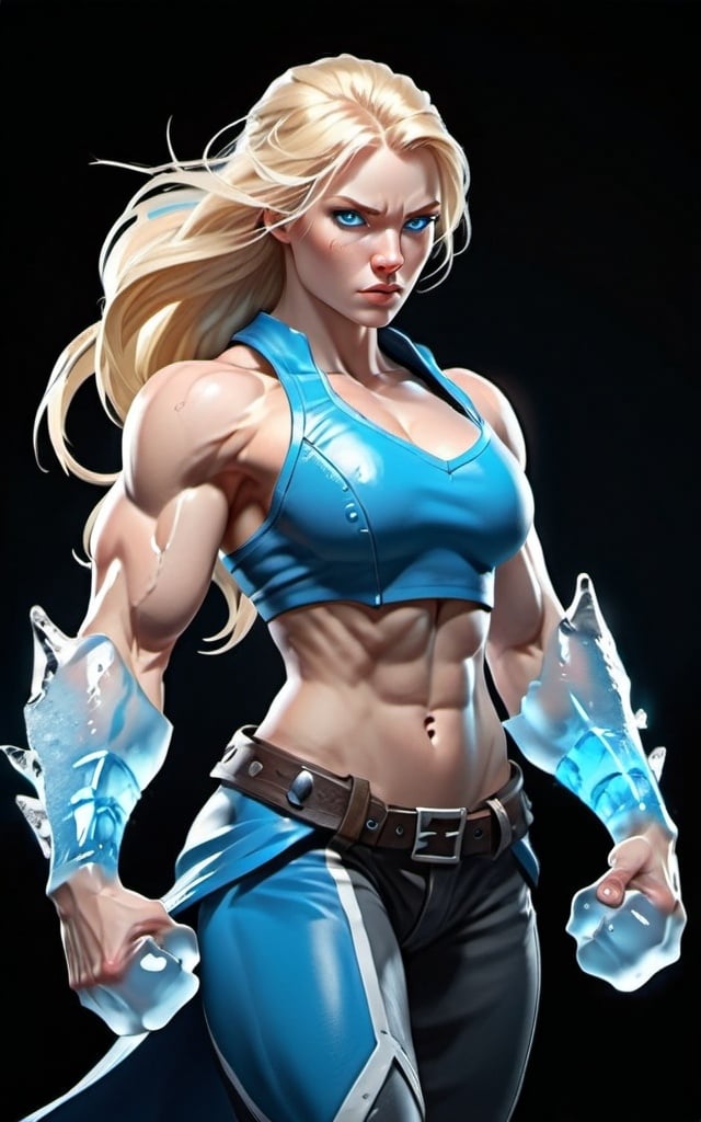 Prompt: Female figure. Greater bicep definition. Sharper, clearer blue eyes. Long Blonde hair flapping. Frostier, glacier effects. Fierce combat stance. Ice Fists.