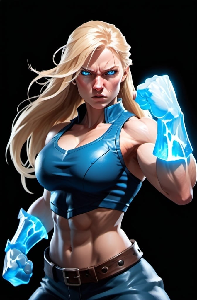 Prompt: Female figure. Greater bicep definition. Sharper, clearer blue eyes. Nosebleed. Long Blonde hair flapping. Frostier, glacier effects. Fierce combat stance. Raging Fists. Icy Knuckles.