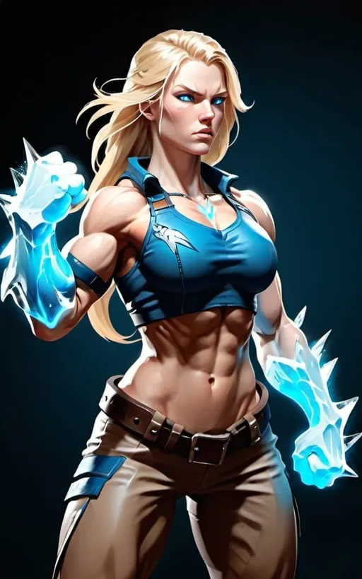 Prompt: Female figure. Greater bicep definition. Sharper, clearer blue eyes. Long Blonde hair flapping. Frostier, glacier effects. Fierce combat stance. Icy Knuckles. Raging Fists.