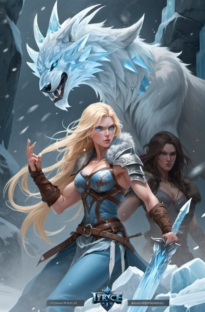 Prompt:  Female figure. Greater bicep definition. Sharper, clearer blue eyes. Nosebleed. Long Blonde hair flapping. Frostier, glacier effects. Fierce combat stance. Ice Daggers. 