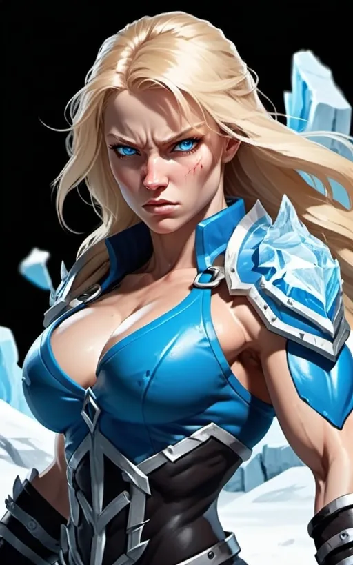 Prompt: Female figure. Greater bicep definition. Sharper, clearer blue eyes. Bleeding. Long Blonde hair flapping. Frostier, glacier effects. Fierce combat stance. Raging Fists. Icy Knuckles.