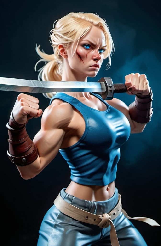 Prompt: Female figure. Greater bicep definition. Sharper, clearer blue eyes. Nose bleed. Blonde hair flapping. Frostier, glacier effects. Fierce combat stance. Raging Fists. 