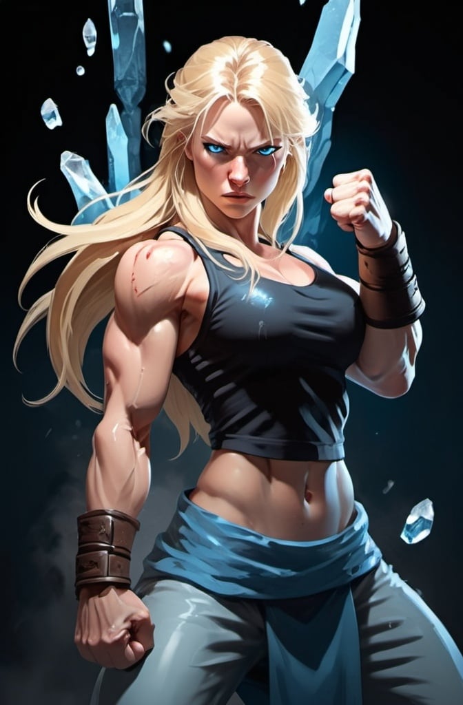 Prompt: Female figure. Greater bicep definition. Sharper, clearer blue eyes. Nosebleed. Long Blonde hair flapping. Frostier, glacier effects. Fierce combat stance. Raging Fists. Icy Knuckles.