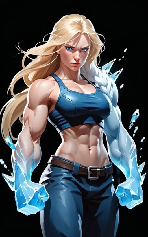 Prompt: Female figure. Greater bicep definition. Sharper, clearer blue eyes. Long Blonde hair flapping. Frostier, glacier effects. Fierce combat stance. Raging Fists. Icy Knuckles.