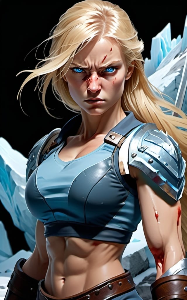 Prompt: Female figure. Greater bicep definition. Sharper, clearer blue eyes. Nosebleed. Long Blonde hair flapping. Frostier, glacier effects. Fierce combat stance. Enraged. 