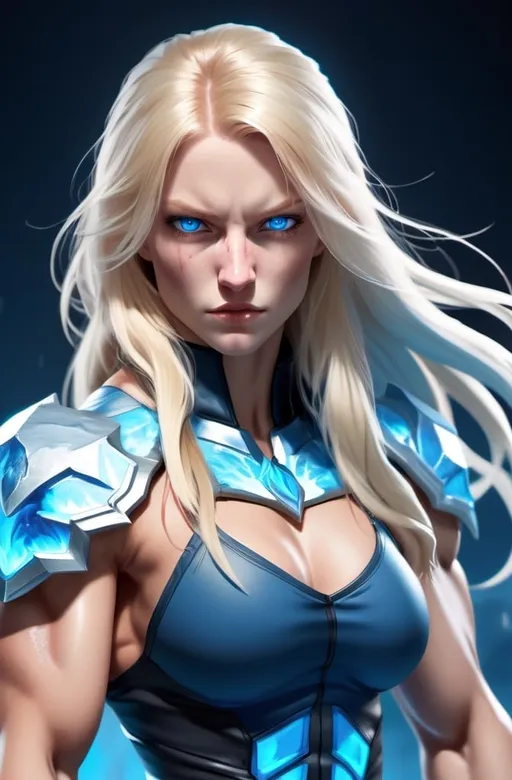 Prompt: Female figure. Greater bicep definition. Sharper, clearer blue eyes. Nosebleed. Long Blonde hair flapping. Frostier, glacier effects. Fierce combat stance. Raging Fists. Icy Knuckles.