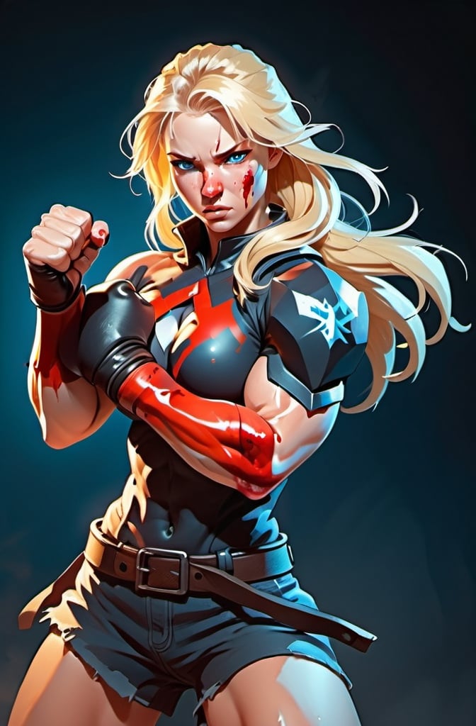 Prompt:  Female figure. Greater bicep definition. Sharper, clearer blue eyes. Blonde hair  flapping. Nose bleed. Frostier, glacier effects. Fierce combat stance. Raging Fists. 