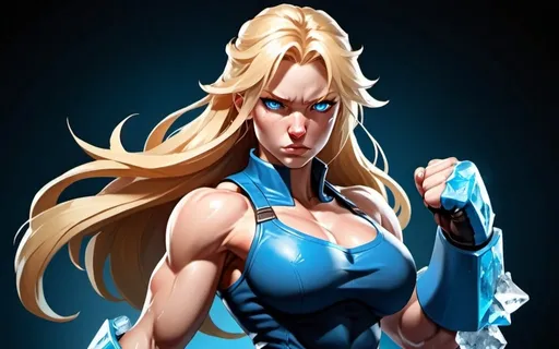 Prompt: Female figure. Greater bicep definition. Sharper, clearer blue eyes. Nosebleed. Long Blonde hair flapping. Frostier, glacier effects. Fierce combat stance. Raging Fists. Icy Knuckles. 