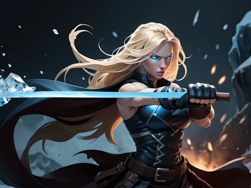 Prompt: Female figure. Greater bicep definition. Sharper, clearer blue eyes. Nosebleed. Long Blonde hair flapping. Frostier, glacier effects. Fierce combat stance. Raging Fists. Icy Knuckles. 