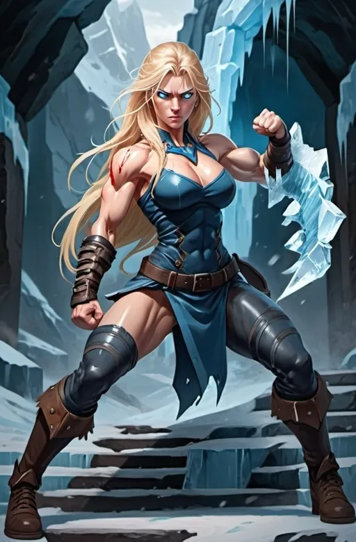 Prompt: Female figure. Greater bicep definition. Sharper, clearer blue eyes. Bleeding. Long Blonde hair flapping. Frostier, glacier effects. Fierce combat stance. Raging Fists. Icy Knuckles.