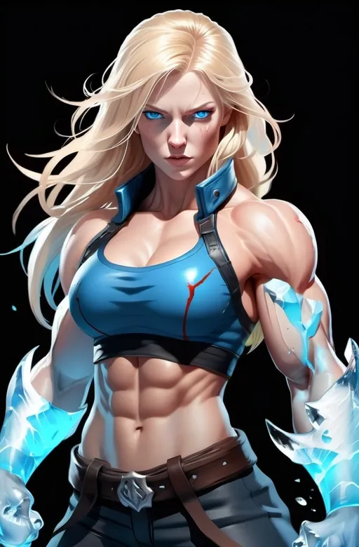 Prompt: Female figure. Greater bicep definition. Sharper, clearer blue eyes. Nosebleed. Long Blonde hair flapping. Frostier, glacier effects. Fierce combat stance. Raging Fists. Icy Knuckles.