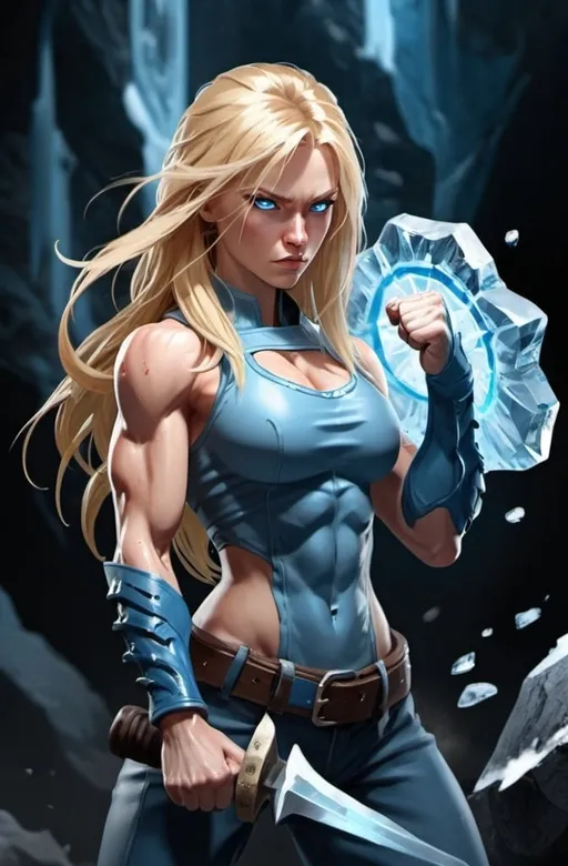 Prompt: Female figure. Greater bicep definition. Sharper, clearer blue eyes. Nosebleed. Long Blonde hair flapping. Frostier, glacier effects. Fierce combat stance. Raging Fists. Icy Knuckles. 