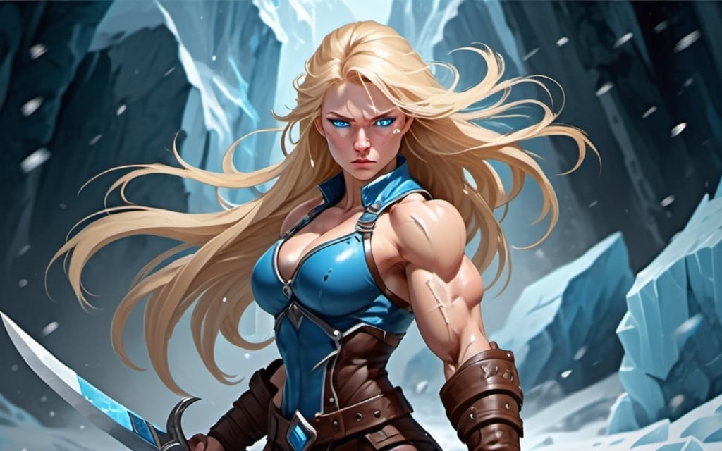 Prompt: Female figure. Greater bicep definition. Sharper, clearer blue eyes. Nosebleed. Long Blonde hair flapping. Frostier, glacier effects. Fierce combat stance. Icy Knuckles.  