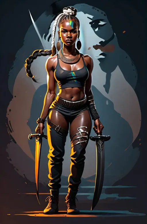 Prompt: Young Black woman with a braided ponytail. Dark skin. African wear. Holding Daggers. Fierce combat stance. 