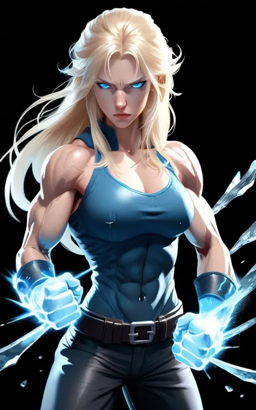 Prompt: Female figure. Greater bicep definition. Sharper, clearer blue eyes. Nosebleed. Long Blonde hair flapping. Frostier, glacier effects. Fierce combat stance. Raging Fists. Icy Knuckles.