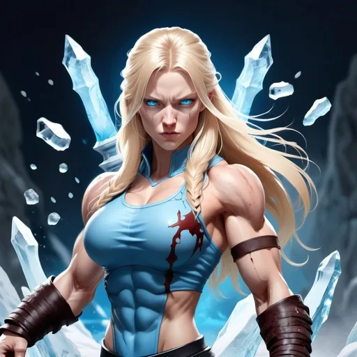 Prompt: Female figure. Greater bicep definition. Sharper, clearer blue eyes. Nosebleed. Long Blonde hair flapping. Frostier, glacier effects. Fierce combat stance. Raging Fists. Icy Knuckles.