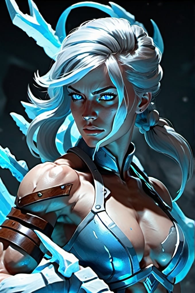 Prompt: Female figure. Greater bicep definition. Sharper, clearer blue eyes.  Frostier, glacier effects. Fierce combat stance. 