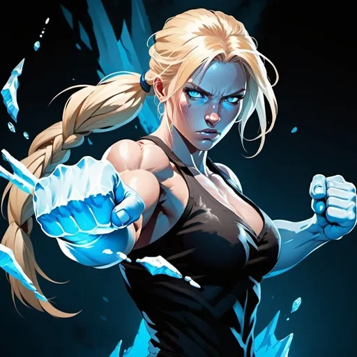 Prompt: Female figure. Greater bicep definition. Sharper, clearer blue eyes. Bleeding. Long Blonde hair flapping. Frostier, glacier effects. Fierce combat stance. Raging Fists. Icy Knuckles. 