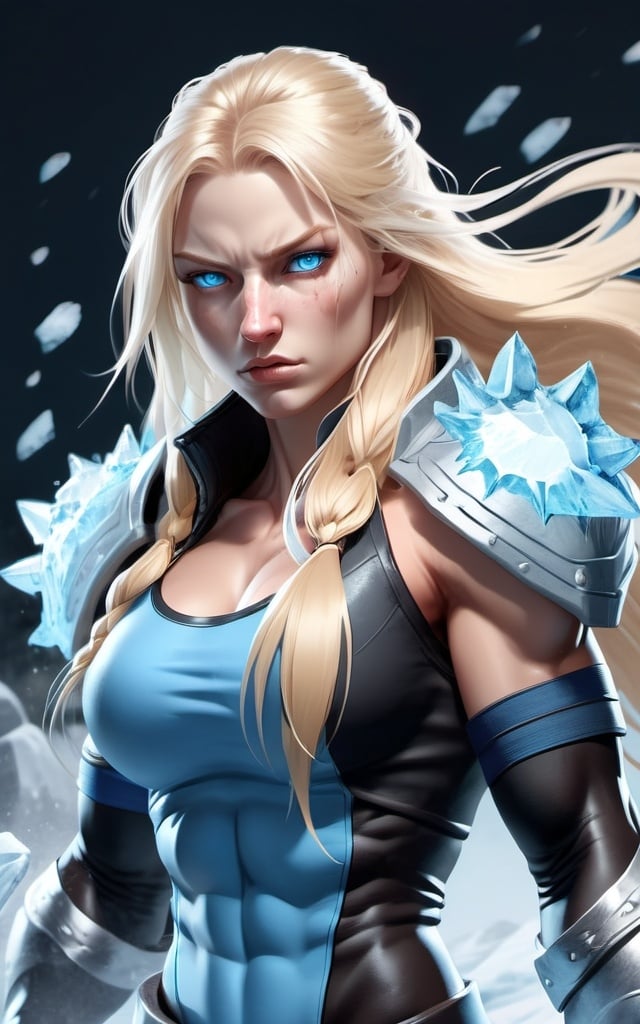 Prompt: Female figure. Greater bicep definition. Sharper, clearer blue eyes. Nosebleed. Long Blonde hair flapping. Frostier, glacier effects. Fierce combat stance. Raging Fists. Icy Knuckles.