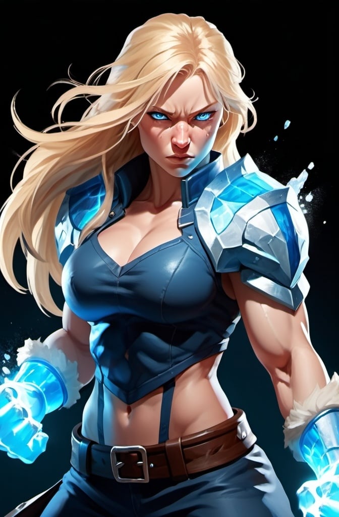 Prompt: Female figure. Greater bicep definition. Sharper, clearer blue eyes. Nosebleed. Long Blonde hair flapping. Frostier, glacier effects. Fierce combat stance. Raging Fists. Icy Knuckles. 